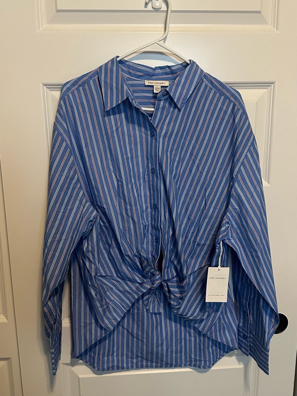 Striped Button-Down Tie-Front Shirt in Blue and White